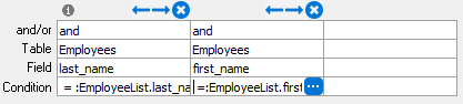 This image shows the employee last name added as a condition under the WHERE tab.